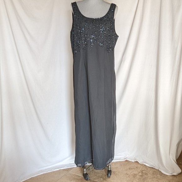 J Lazmi 2 pc w outside sheered maxi jacket sequence gray party formal dress XXL - Picture 2 of 9